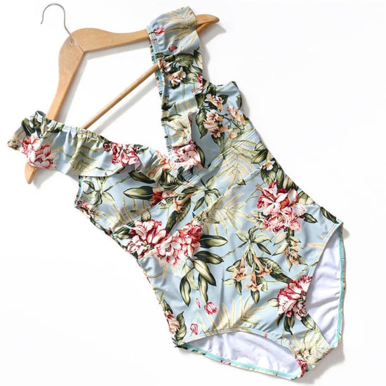 Image Title Retro Striped V-Neck One Piece Swimsuit - Floral Print - Swimwear